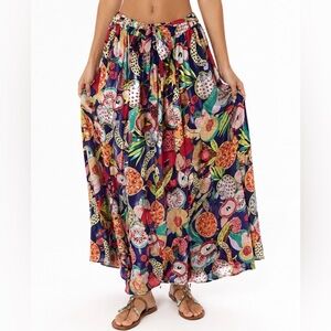Her Destiny Tropical Fruit Print Maxi Skirt – Vibrant Tie Waist Flowy – Large